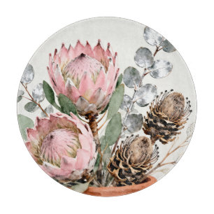 Watercolor Protea Eucalyptus Arrangement Cutting Board