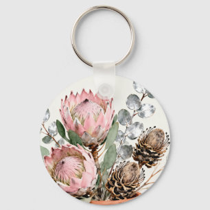 Watercolor Protea Eucalyptus Arrangement Key Ring