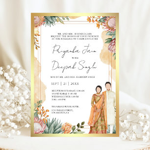 Watercolor Protea Floral Indian Couple Wedding Invitation