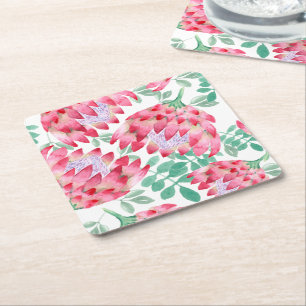 Watercolor Protea Square Paper Coaster