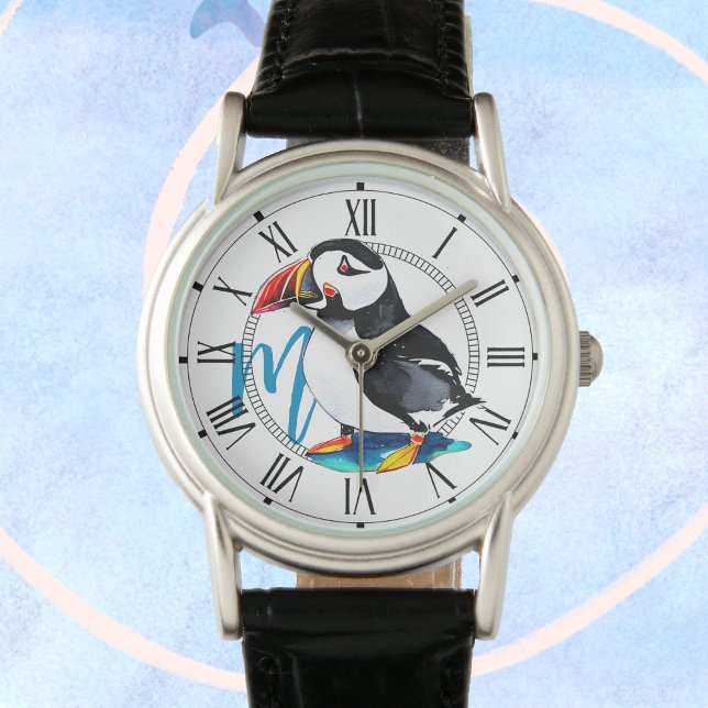 Watercolor Puffin Bird + Monogram Wildlife Animals Watch (Creator Uploaded)