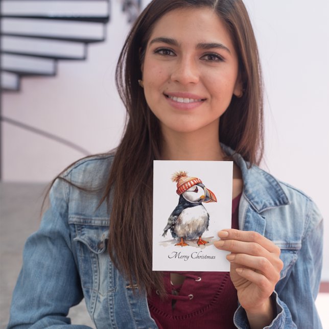 Watercolor Puffin Christmas Coastal Stationery Holiday Postcard (Creator Uploaded)