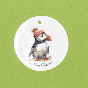 Watercolor Puffin Holiday Memory Ceramic Ornament