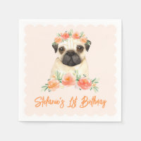 Watercolor Pug and Peach Flowers First Birthday