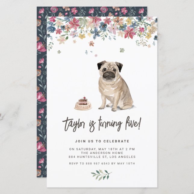 Watercolor Pug Dog Birthday Party Invitation (Front/Back)