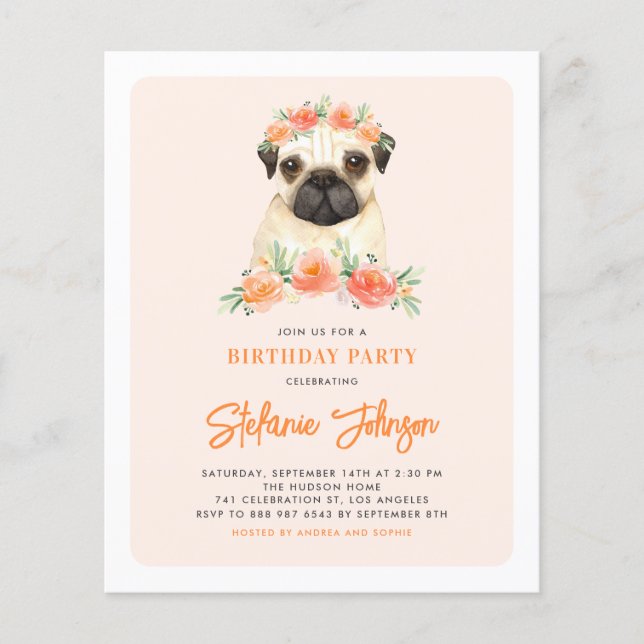 Watercolor Pug Peach Floral Birthday Invitation (Front)