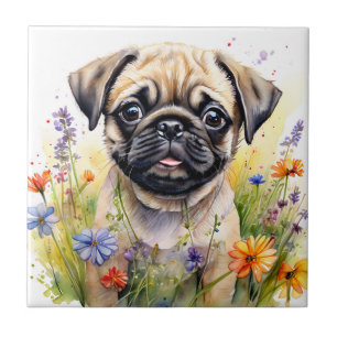 Watercolor Pug Puppy in Wildflowers Delight Ceramic Tile