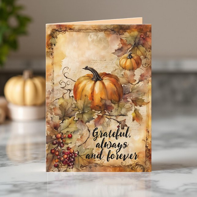 Watercolor Pumpkin and Autumn Leaves Thanksgiving Card (Creator Uploaded)