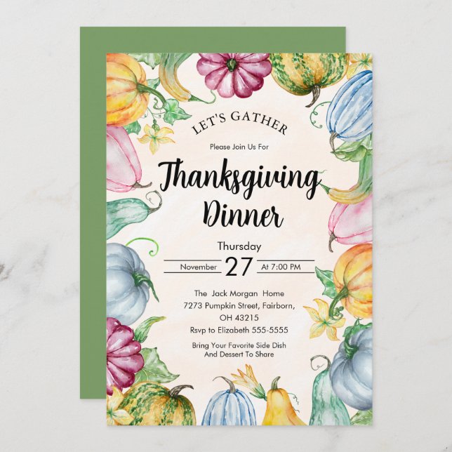 Watercolor Pumpkin and leaves Thanksgiving Dinner  Invitation (Front/Back)