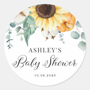 Watercolor Pumpkin and Sunflower Fall Baby Shower Classic Round Sticker