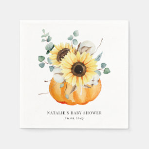 Watercolor Pumpkin and Sunflowers Fall Baby Shower Napkin