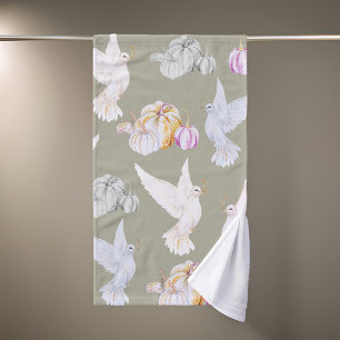 Watercolor Pumpkin and White Dove Thanksgiving Hand Towel