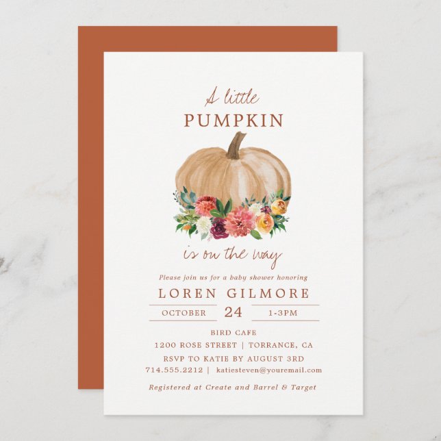 Watercolor Pumpkin Autumn Baby Shower Invitation (Front/Back)