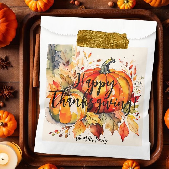 Watercolor Pumpkin Autumn Leaves Thanksgivin Favour Bag (Creator Uploaded)