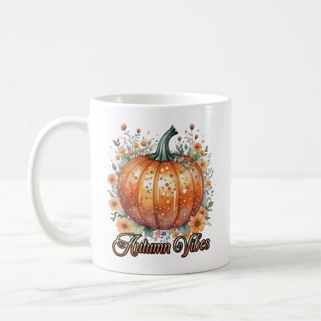 Watercolor Pumpkin Autumn Vibes Coffee Mug (Left)