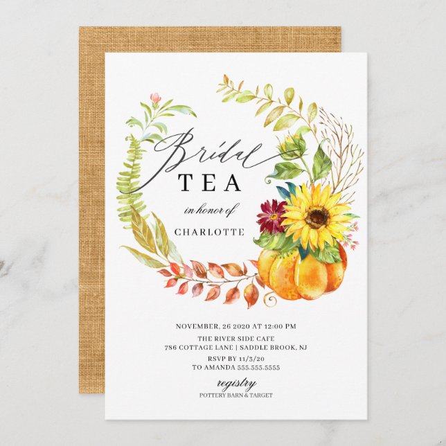 Watercolor Pumpkin Autumn Wreath Bridal Shower Tea Invitation (Front/Back)