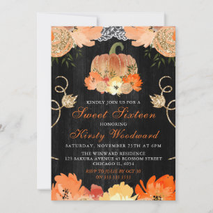 Watercolor Pumpkin Autumnal Flowers Sweet 16 Invitation