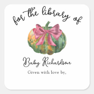 Watercolor pumpkin bow Baby Shower bookplate Square Sticker
