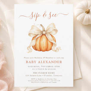 Watercolor Pumpkin Bow Gender Neutral Sip And See Invitation