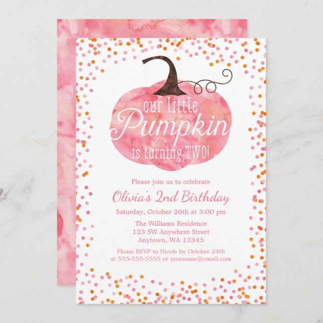 Watercolor Pumpkin Confetti Girl 2nd Birthday Invitation (Front/Back)