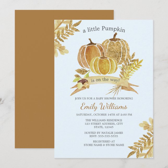 Watercolor Pumpkin Fall Blue Baby Shower Card (Front/Back)