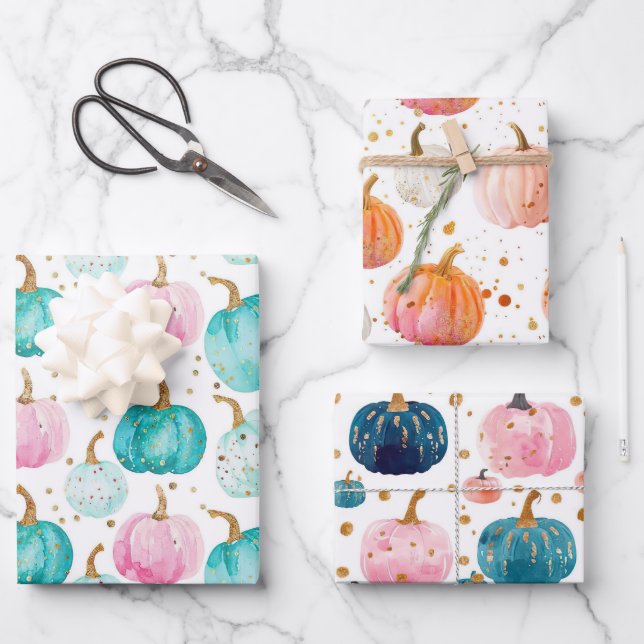 Watercolor Pumpkin Fall Pattern Wrapping Paper Sheet (Front)