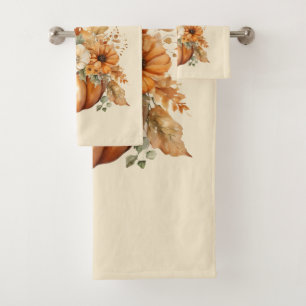 Watercolor Pumpkin Floral Design- Bath Towel Set