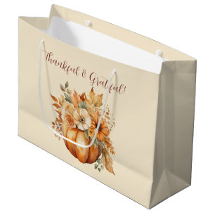 Watercolor Pumpkin Floral Design- Thankful Large Gift Bag