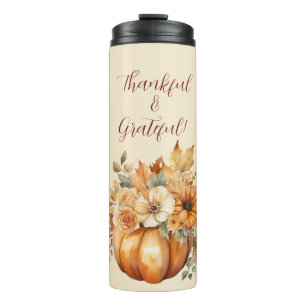 Watercolor Pumpkin Floral Design- Thankful- Thermal Tumbler