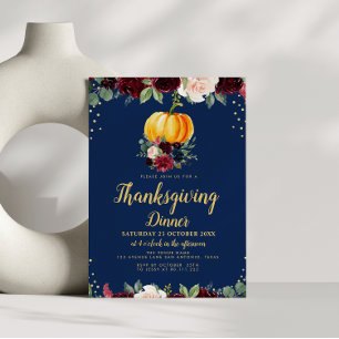 Watercolor pumpkin floral thanksgiving dinner invitation