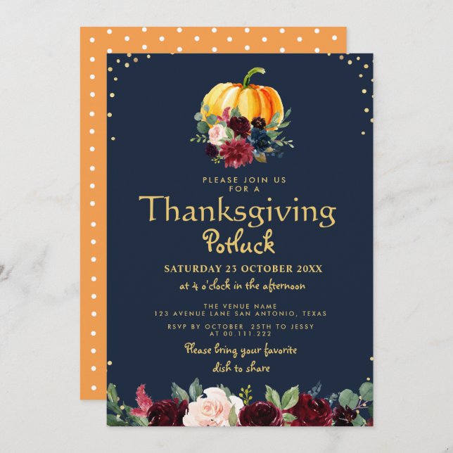 Watercolor pumpkin floral thanksgiving potluck invitation (Front/Back)