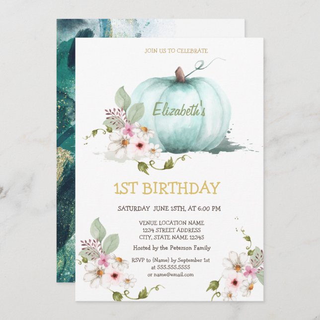 Watercolor Pumpkin Flowers Birthday  Invitation (Front/Back)