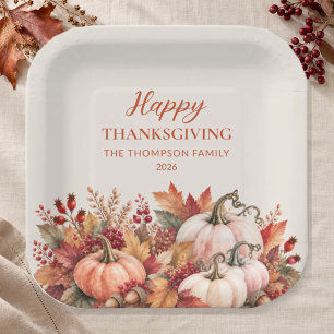 Watercolor Pumpkin Happy Thanksgiving Paper Plate