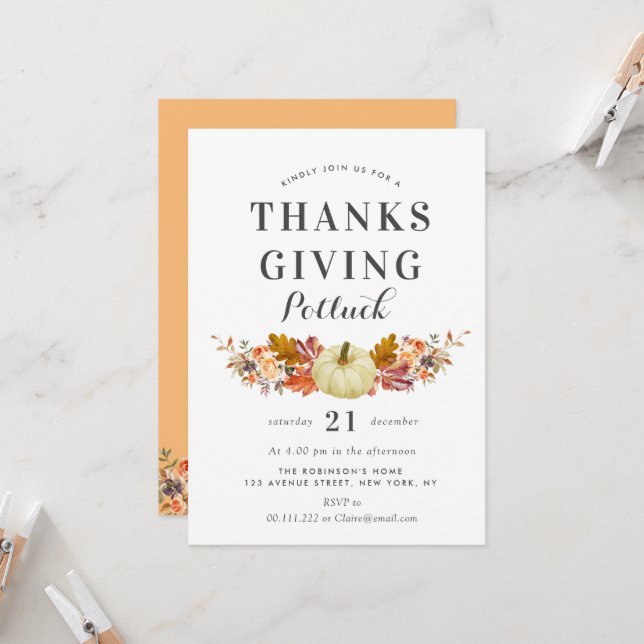 watercolor pumpkin leaves thanksgiving potluck invitation (Front/Back In Situ)