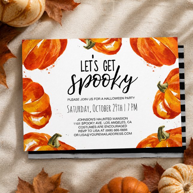 Watercolor Pumpkin Let’s Get Spooky Halloween Invitation (Let’s get spooky! This festive Halloween party invitation features vibrant watercolor pumpkins.)