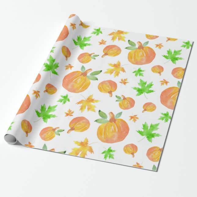 Watercolor Pumpkin & Maple Leaf Pattern  Wrapping Paper (Unrolled)
