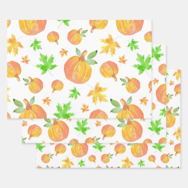 Watercolor Pumpkin & Maple Leaf Pattern  Wrapping Paper Sheet (Set)