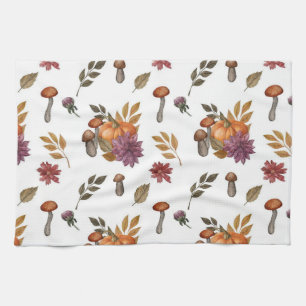 Watercolor Pumpkin Mushrooms Fall Autumn Themed Tea Towel