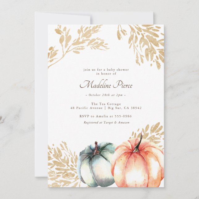 Watercolor Pumpkin Orange Gold Fall Baby Shower Invitation (Front)