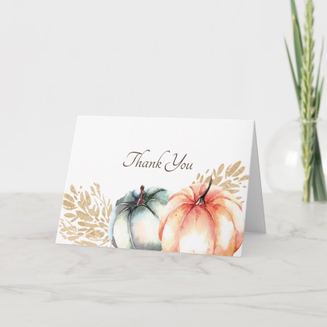 Watercolor Pumpkin Orange Sage Gold Thank You Card (Front)
