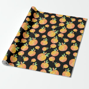 Watercolor Pumpkin Pattern Black Background Wrapping Paper