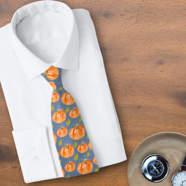 Watercolor Pumpkin Pattern on Blue Tie (Creator Uploaded)