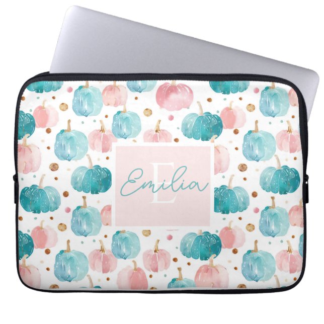 Watercolor Pumpkin pattern with name Laptop Sleeve (Front)