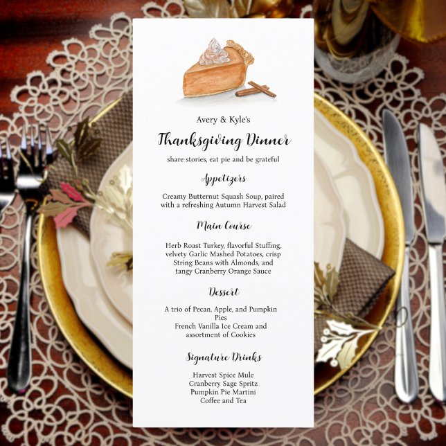 Watercolor Pumpkin Pie Maple Leaves Thanksgiving Menu (Artful Autumn Feast: Watercolor Pumpkin Pie Menu, a Delicious Thanksgiving Showcase!)