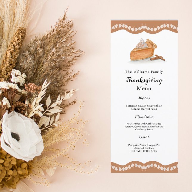 Watercolor Pumpkin Pie Maple Leaves Thanksgiving Menu (Harvest Elegance: Savor Autumn's Bounty with Our Watercolor Pumpkin Pie Menu!)
