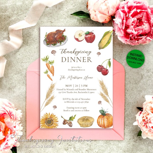 Watercolor Pumpkin Pie Turkey Thanksgiving Dinner Invitation (Creator Uploaded)