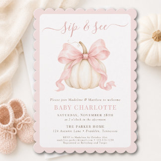Watercolor Pumpkin Pink Bow Baby Girl Sip And See Invitation