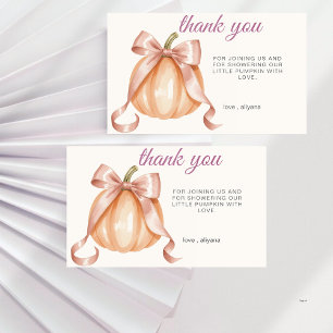 Watercolor Pumpkin Pink Bow Girl Baby Shower Thank You Card