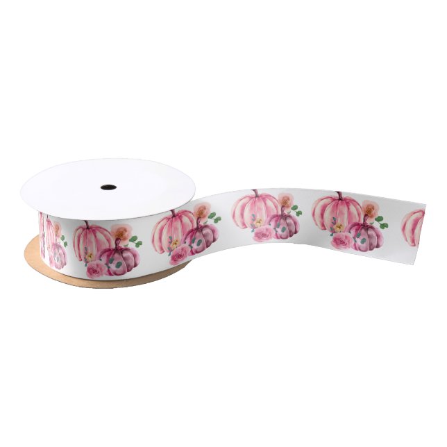 Watercolor Pumpkin Pink Floral Rose Satin Ribbon (Spool)