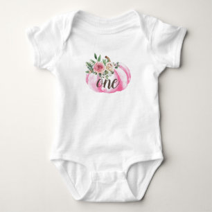 Watercolor Pumpkin Pink Gold Floral 1st Birthday Baby Bodysuit